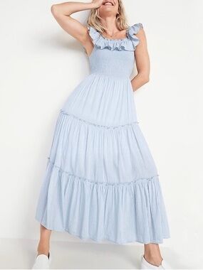 Old Navy Maxi Dress Women’s Medium Blue White Stripe Boho Nautical Beachy Ruffle
